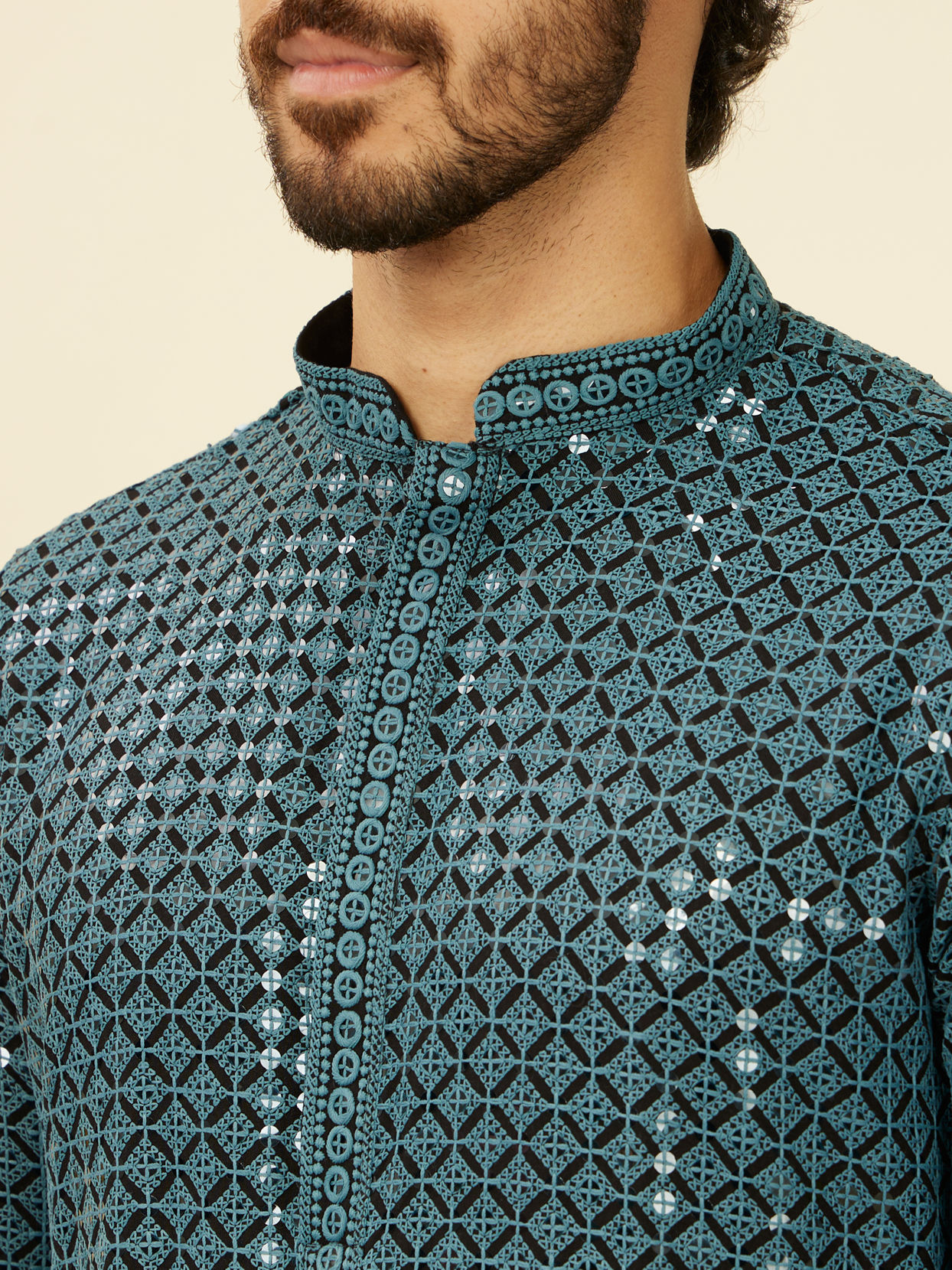 alt message - Manyavar Men Teal Blue Chikankari Kurta Set image number 1